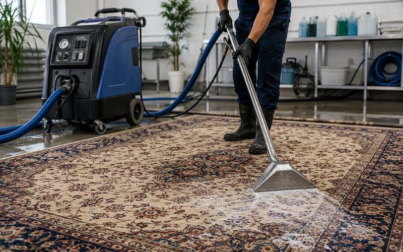 professional rug cleaning technician cleaning a rug